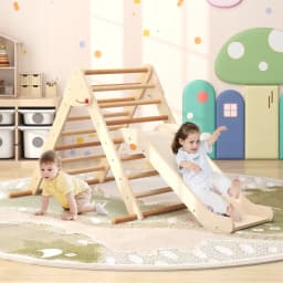 DORTALA Kids Climbing Triangle Set Foldable Wooden Climbing Triangle Ladder with Ramp Colorful/Natural