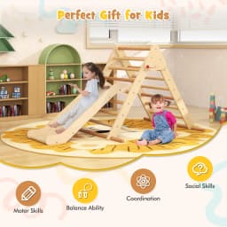 DORTALA Kids Climbing Triangle Set Foldable Wooden Climbing Triangle Ladder with Ramp Colorful/Natural