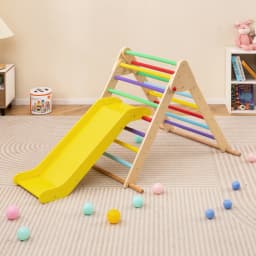 DORTALA Kids Climbing Triangle Set Foldable Wooden Climbing Triangle Ladder with Ramp Colorful/Natural