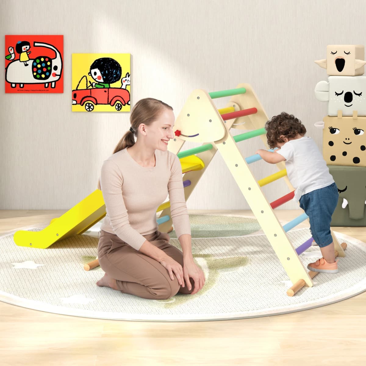 DORTALA Kids Climbing Triangle Set Foldable Wooden Climbing Triangle Ladder with Ramp Colorful/Natural