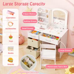 GOFLAME Kids Vanity Set Princess Makeup Desk and Chair w/Lighted Mirror-White