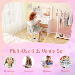 GOFLAME Kids Vanity Set Princess Makeup Desk and Chair w/Lighted Mirror-White