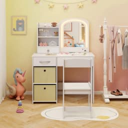 GOFLAME Kids Vanity Set Princess Makeup Desk and Chair w/Lighted Mirror-White