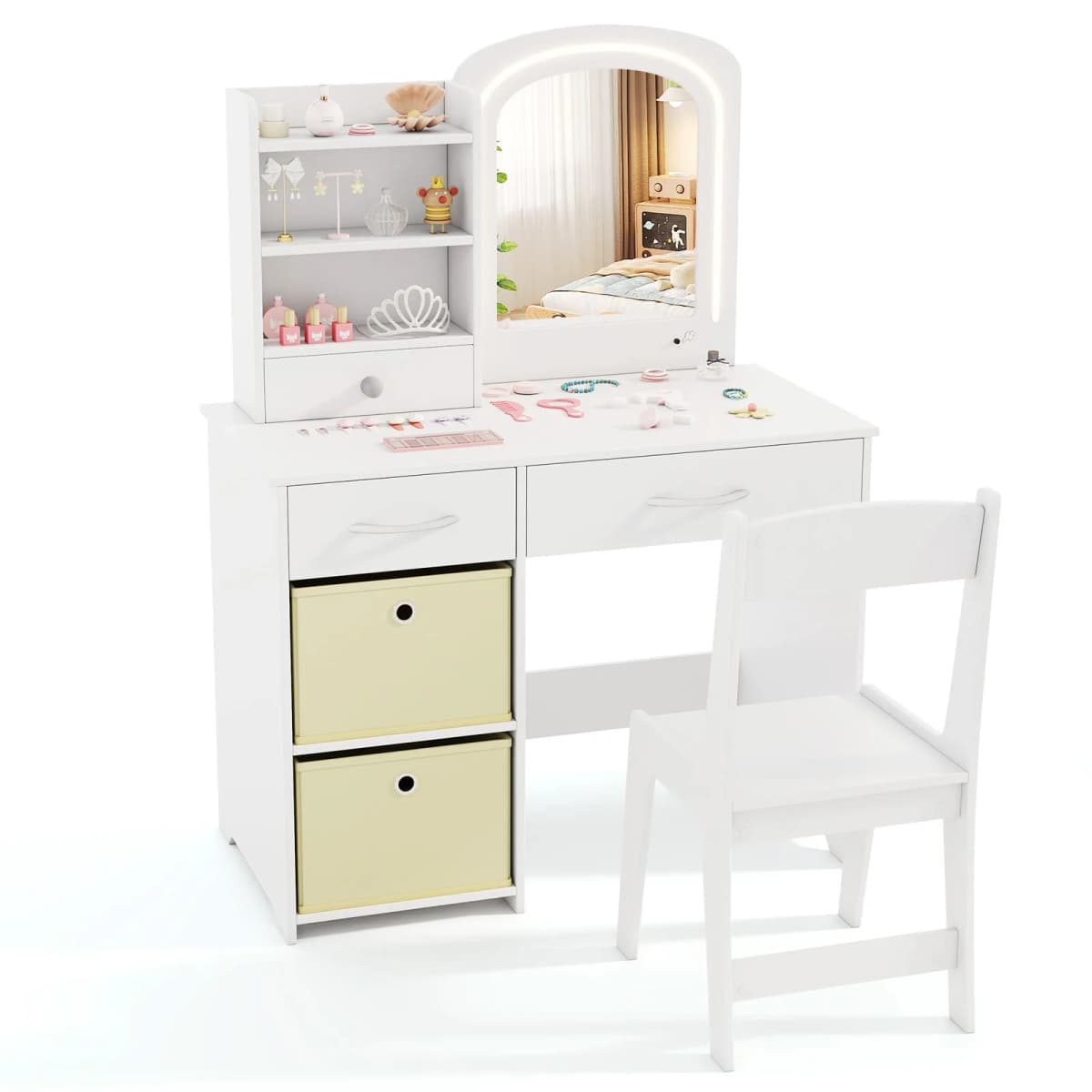 GOFLAME Kids Vanity Set Princess Makeup Desk and Chair w/Lighted Mirror-White