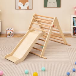 DORTALA Kids Climbing Triangle Set Foldable Wooden Climbing Triangle Ladder with Ramp