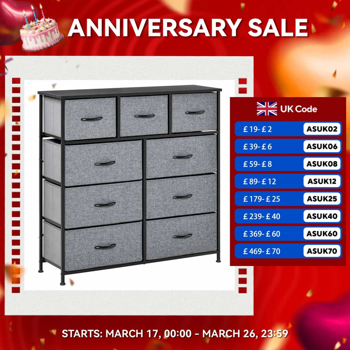 HOMCOM 9 Drawers Storage Chest Dresser Organizer Unit w/ Foldable Bin