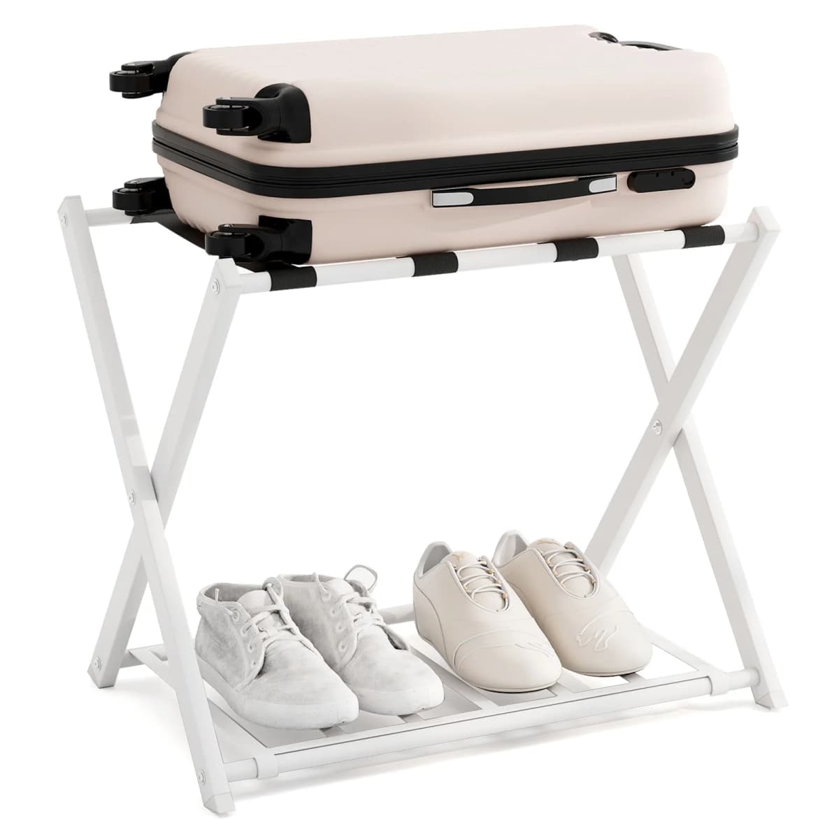 GOFLAME Luggage Rack Folding Suitcase Stand with Storage Shelf-White