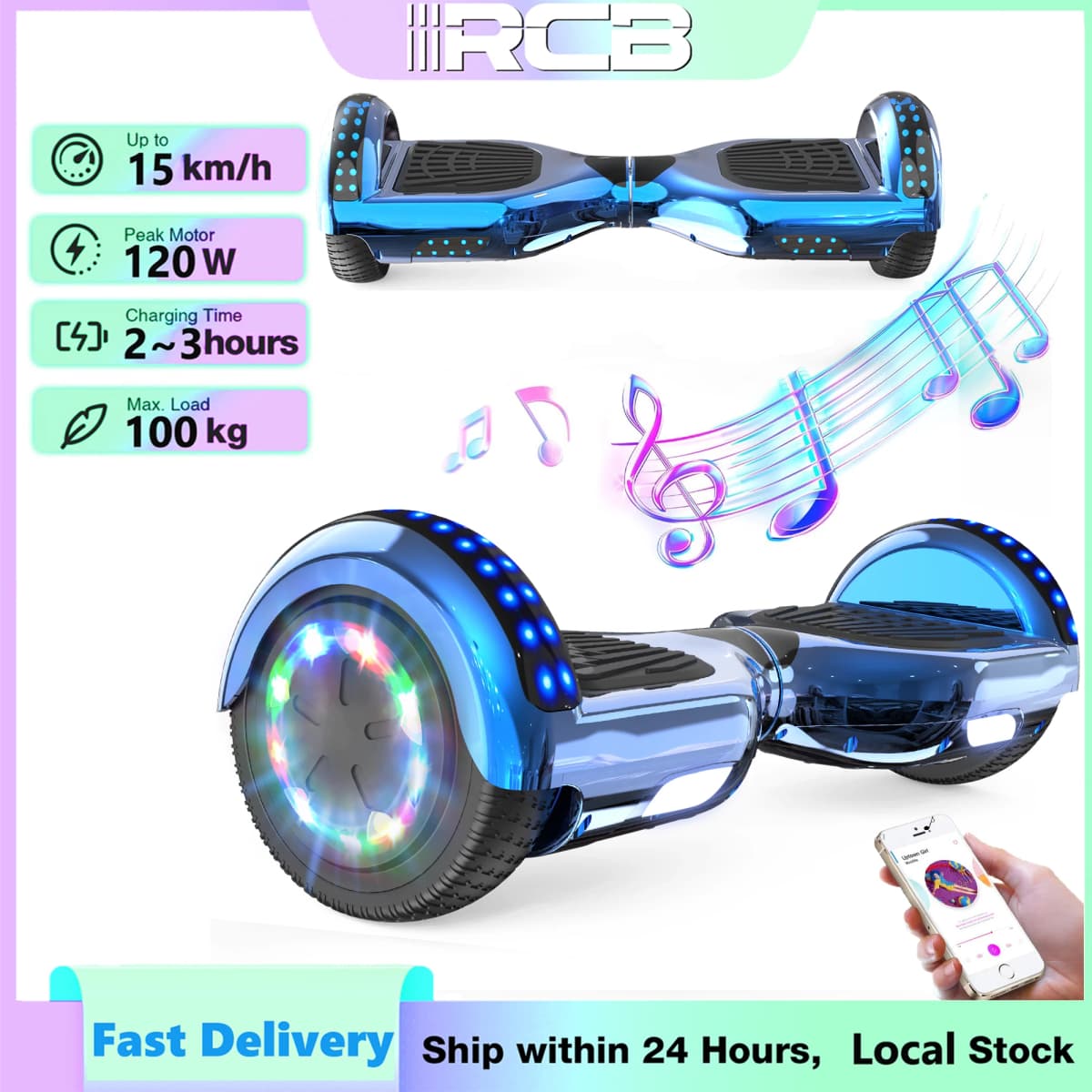 RCB Kids Hoverboard 6.5 Inch 2 Wheel Self Balancing Scooter with Bluetooth Speaker LED Lights Safe Electric Gift for Children and Teens