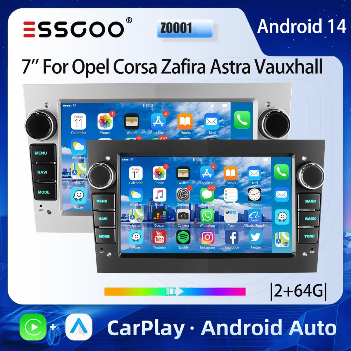 ESSGOO 7" Android 14 Car Stereo Radio Carplay Android Auto For Opel Vauxhall Corsa C/D Antara Astra Zafira RDS Wifi Mirror Link