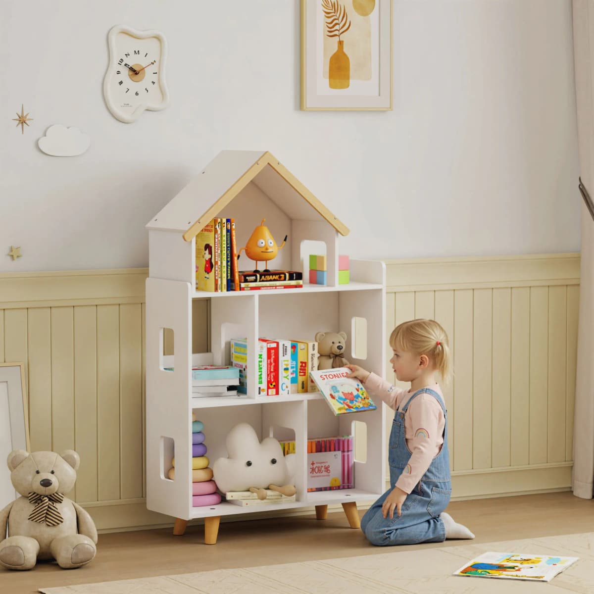ZONEKIZ Toy Storage Shelf, 3 Tier Children Bookcase with 6 Cubes, for Playroom, Nursery, Bedroom, Kids Room - White
