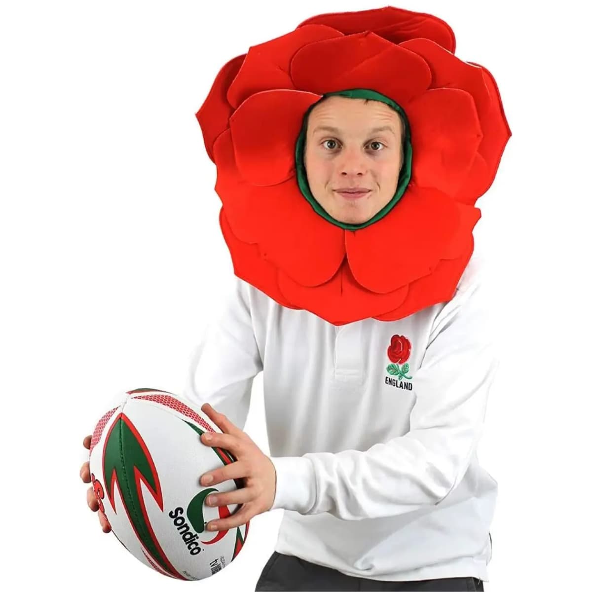 England Rose Hat - Rugby & Football Supporters Accessory, Red Petal Headpiece with Green Hood - Six Nations & World Cup