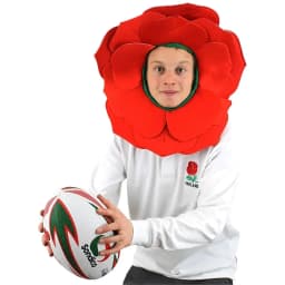 England Rose Hat - Rugby & Football Supporters Accessory, Red Petal Headpiece with Green Hood - Six Nations & World Cup