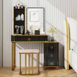 GOFLAME RGB Vanity Table Makeup Wood Stool Set Mirror Dressing Table w/LED Mirror