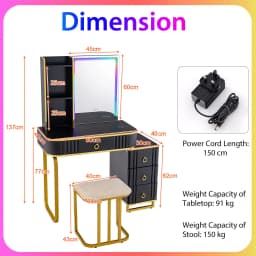 GOFLAME RGB Vanity Table Makeup Wood Stool Set Mirror Dressing Table w/LED Mirror