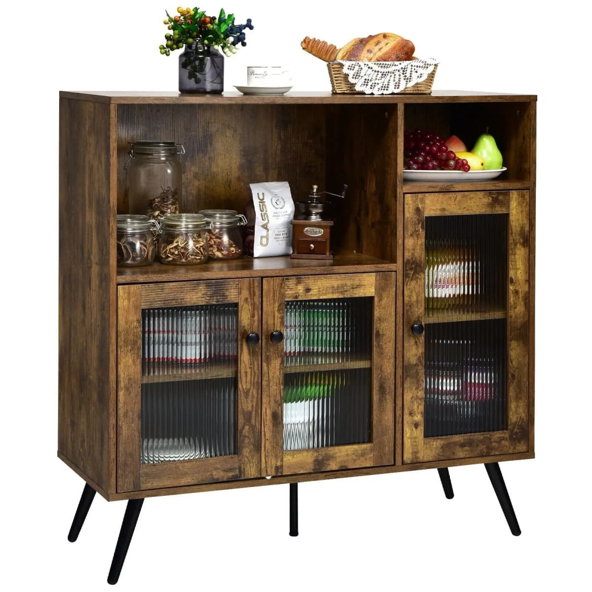GOFLAME Kitchen Storage Cabinet Wooden Buffet Sideboard Cupboard Tempered Glass Doors