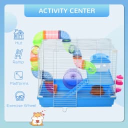 Pawhut 2 Tier Hamster Cage, Gerbil Cage with Exercise Wheels, Tunnel, Tube, Water Bottle, Dishes, Ladder, for Dwarf, Blue