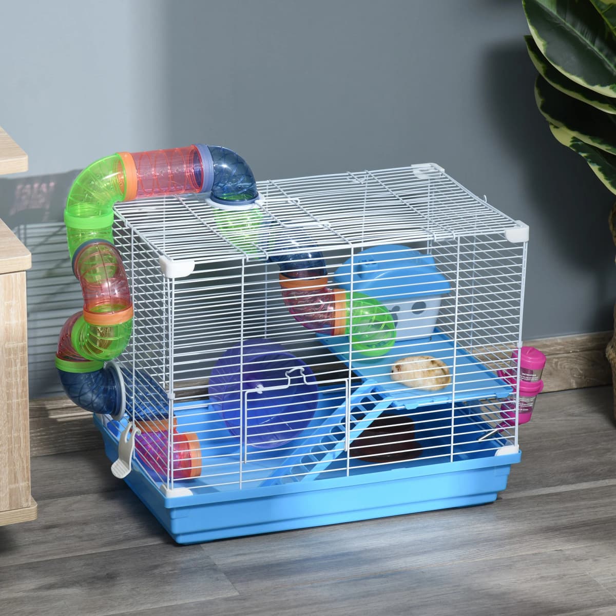 Pawhut 2 Tier Hamster Cage, Gerbil Cage with Exercise Wheels, Tunnel, Tube, Water Bottle, Dishes, Ladder, for Dwarf, Blue