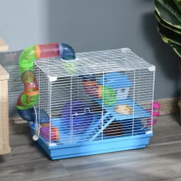 Pawhut 2 Tier Hamster Cage, Gerbil Cage with Exercise Wheels, Tunnel, Tube, Water Bottle, Dishes, Ladder, for Dwarf, Blue