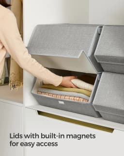 SONGMICS Set of 4 Storage Boxes with Lids, Stackable Wardrobe Storage Organisers, Storage Bins with Magnetic Closures