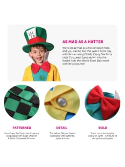 Kids Mad Tea Party Host Costume - Yellow Tailcoat, Turquoise Shirt, Red Bow Tie, Checkered Trousers - Hatter Outfit for World B