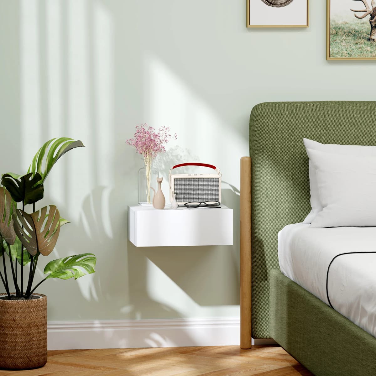 HOMCOM Floating Bedside Table, Wall-Mounted Side Table for Bedroom, White