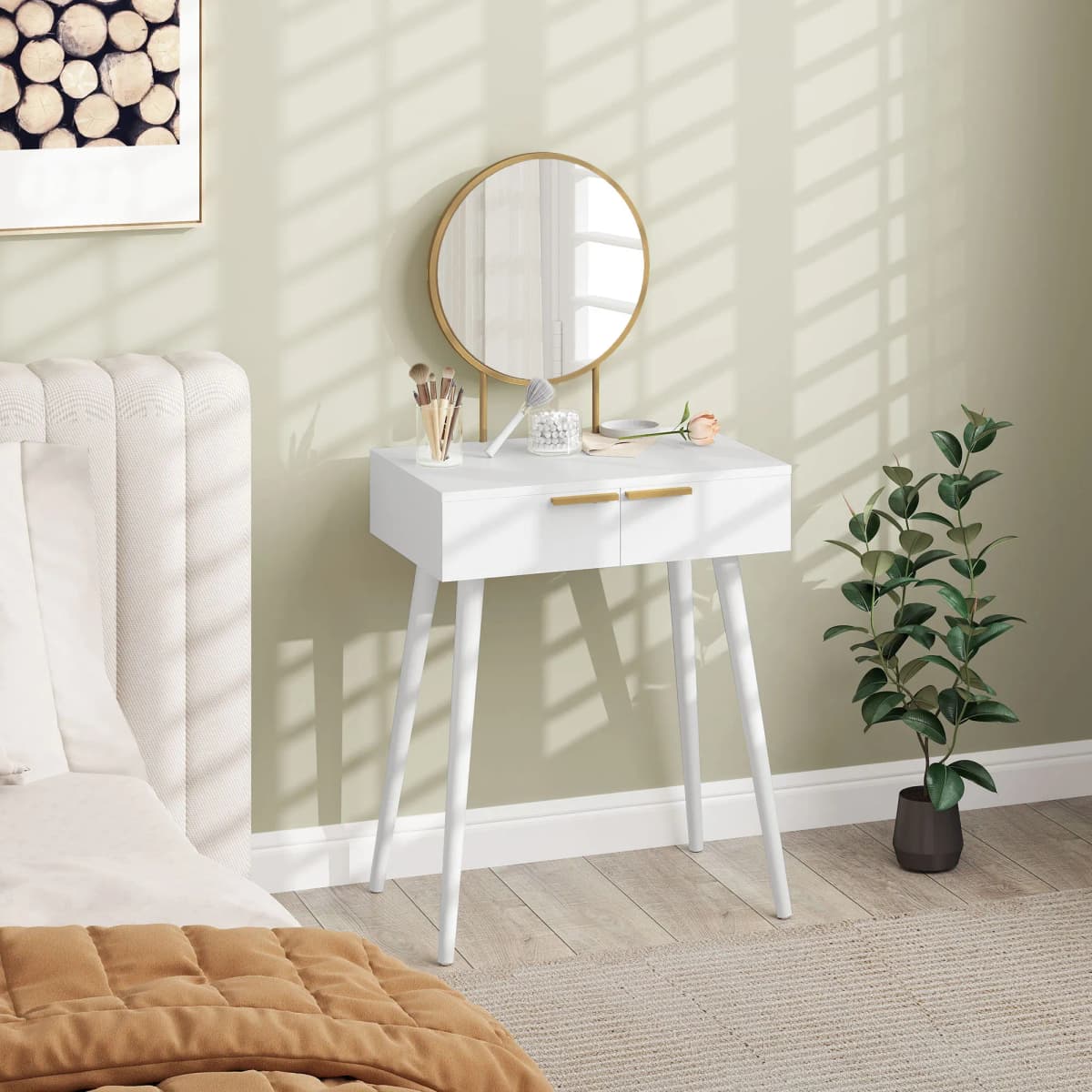 HOMCOM Modern Dressing Table w/ 2 Drawers Round Mirror for Bedroom White