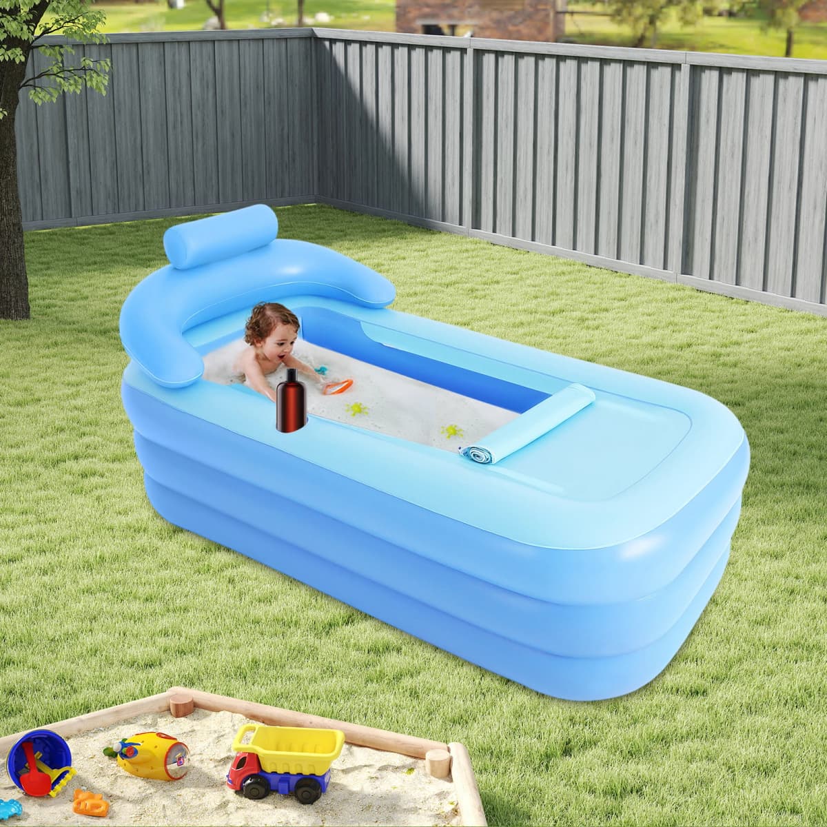Foldable Inflatable PVC Bathtub with Seat Cushion Home Swimming Pool 160*84*64cm Children's Bathtub
