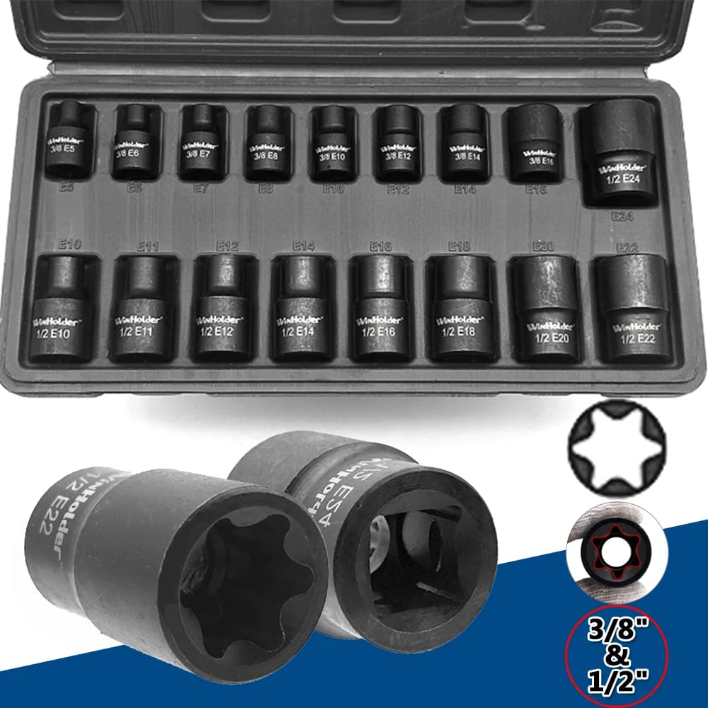 17pc 3/8" & 1/2" Torx Star Socket Set E Type Impact Socket E5 E6 E7 E8 E10 E11 E12 E14 E16 E18 E20 E22 E24 Car Repair Tools