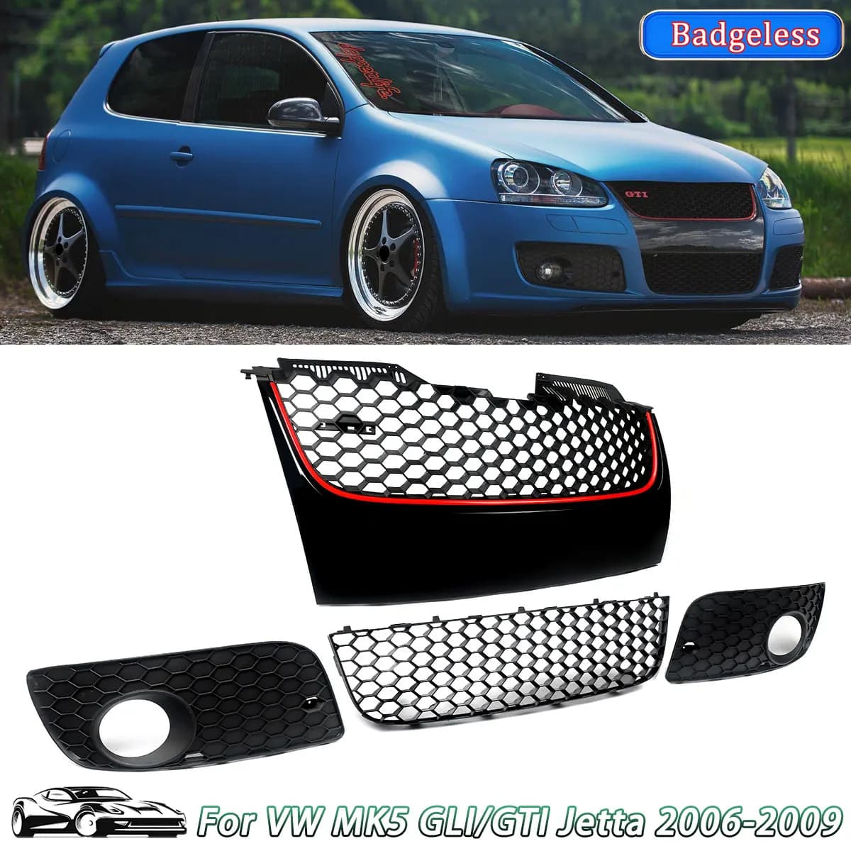 Front Bumper Upper + Lower Mesh Grille Red Trim Compatible with 2006-2009 VW Jetta Golf GTI GLI /MK5 Front Grille Assembly Black