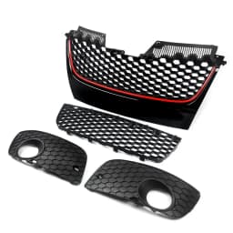 Front Bumper Upper + Lower Mesh Grille Red Trim Compatible with 2006-2009 VW Jetta Golf GTI GLI /MK5 Front Grille Assembly Black