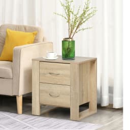 HOMCOM 2 Drawer Boxy Bedside Table w/ Handles Elevated Base Oak Brown