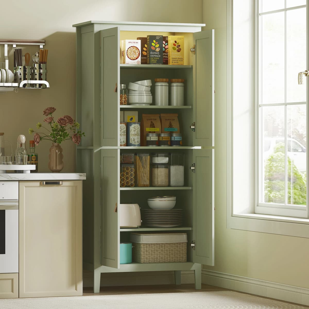 HOMCOM 176.5 cm Tall Freestanding Pantry Storage Cabinet with 4 Doors Green