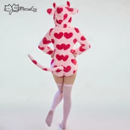 Meowcos Women's Cow Style Bodycon Romper Pajama Heart Print Long Sleeve Zipper Bodycon Jumpsuit Sleepwear with Choker and Socks