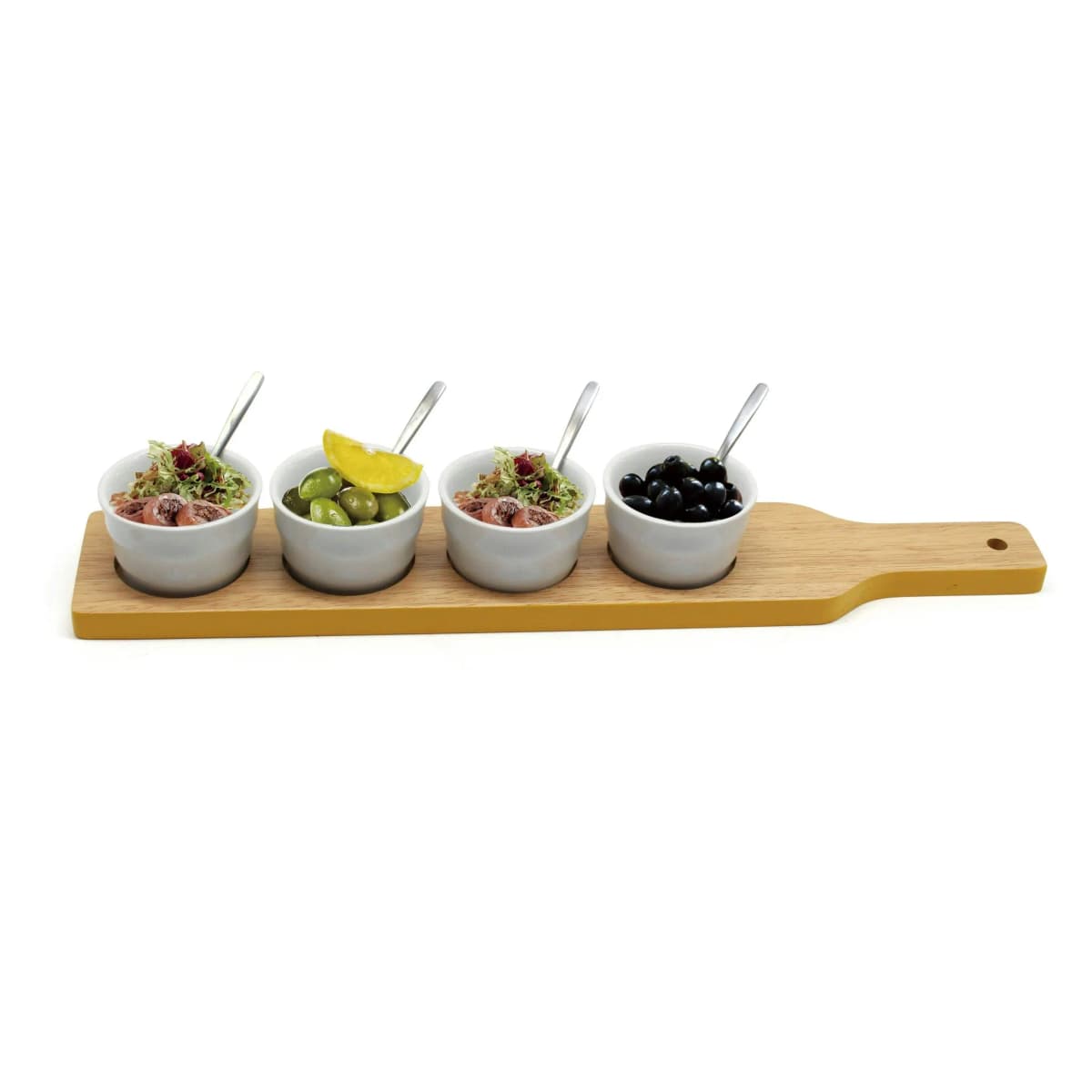 Snack Bowls Nibbles Dips Tray Appetizers Tapas Serving Dishes Set Acacia Wooden Paddle White Porcelain Van Gogh