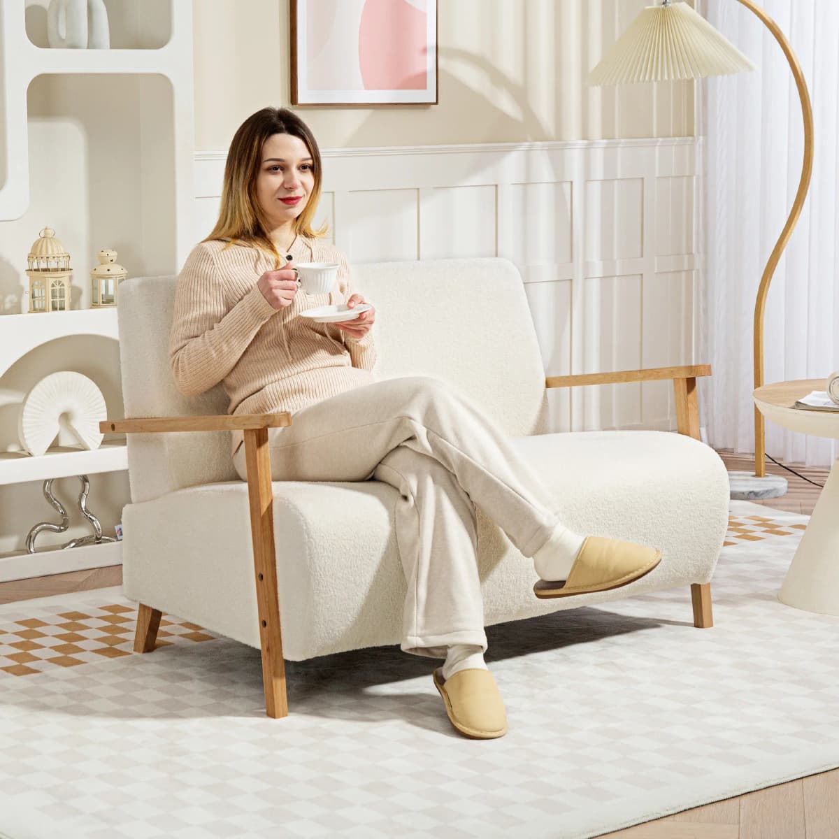 HOMCOM 2 Seater Sofa, Fabric Modern Loveseat for Living Room, Cream