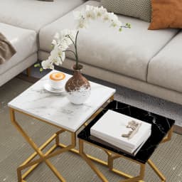 HOMCOM Nest Of Tables, Coffee Table Set with Steel Frame Black/White