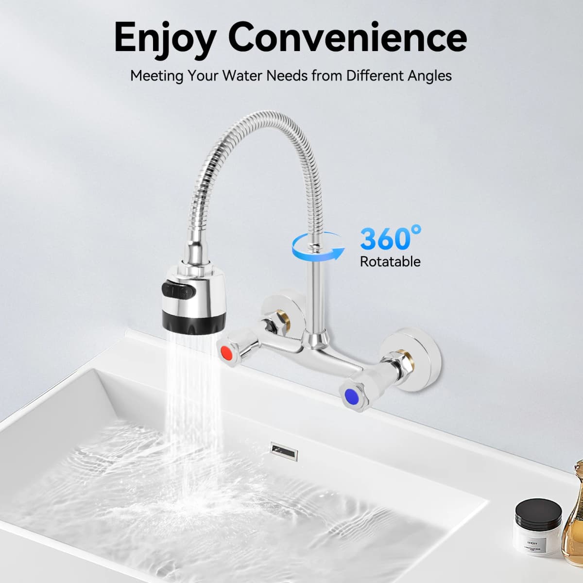 Wall Mounted Faucet 360° Rotating Hot and Cold Water Mixer Kitchen Sink Faucet 2 Spray Modes G 1/2" Interface
