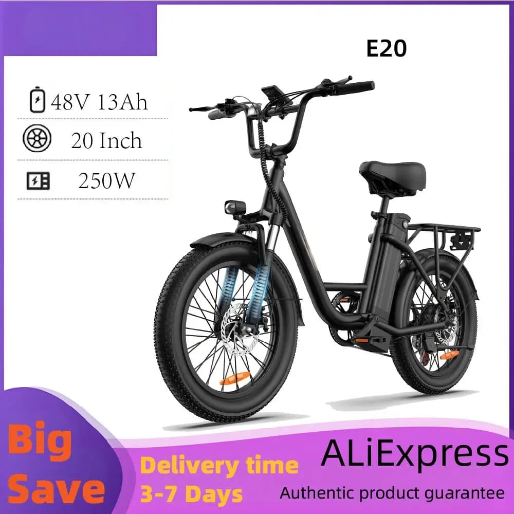 E20 Adult Electric Bicycle 250W Motor Ebike 48V 13Ah Battery Commute Electric Bike 20-inch Fat Tire City E-bike