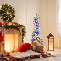DORTALA 4FT Pre-Lit Artificial Christmas Tree Flocked Slim XmasTree 11 Modes Light Color