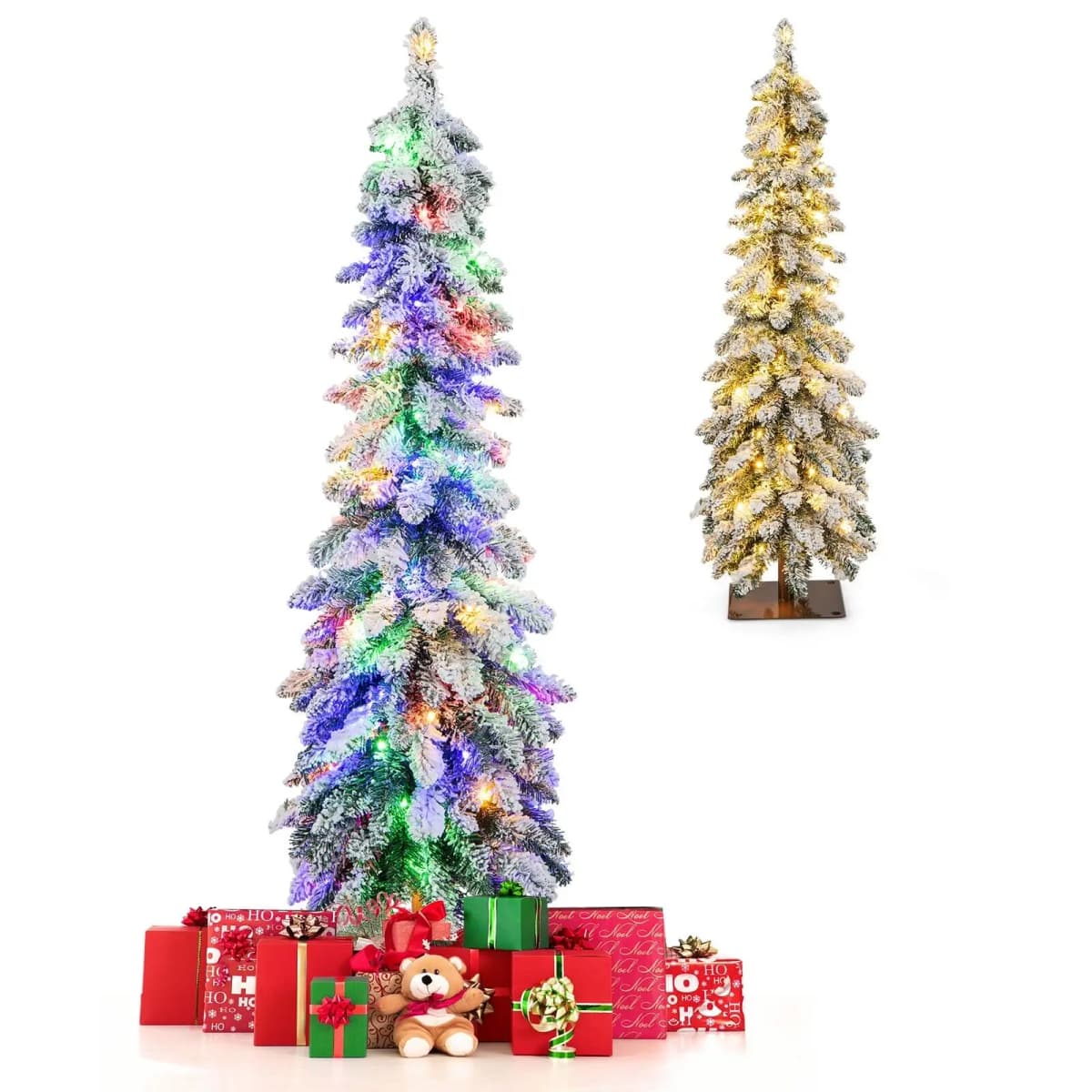 DORTALA 4FT Pre-Lit Artificial Christmas Tree Flocked Slim XmasTree 11 Modes Light Color