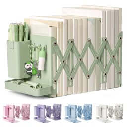 Retractable Desktop Bookstand with Basket & Hook Modern Metal Book Holder Magazine Storage Rack School Students Supplies