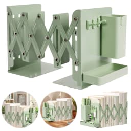 Retractable Desktop Bookstand with Basket & Hook Modern Metal Book Holder Magazine Storage Rack School Students Supplies