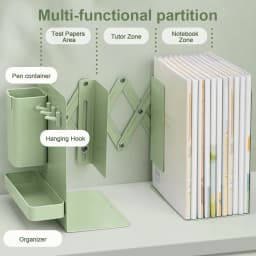 Retractable Desktop Bookstand with Basket & Hook Modern Metal Book Holder Magazine Storage Rack School Students Supplies