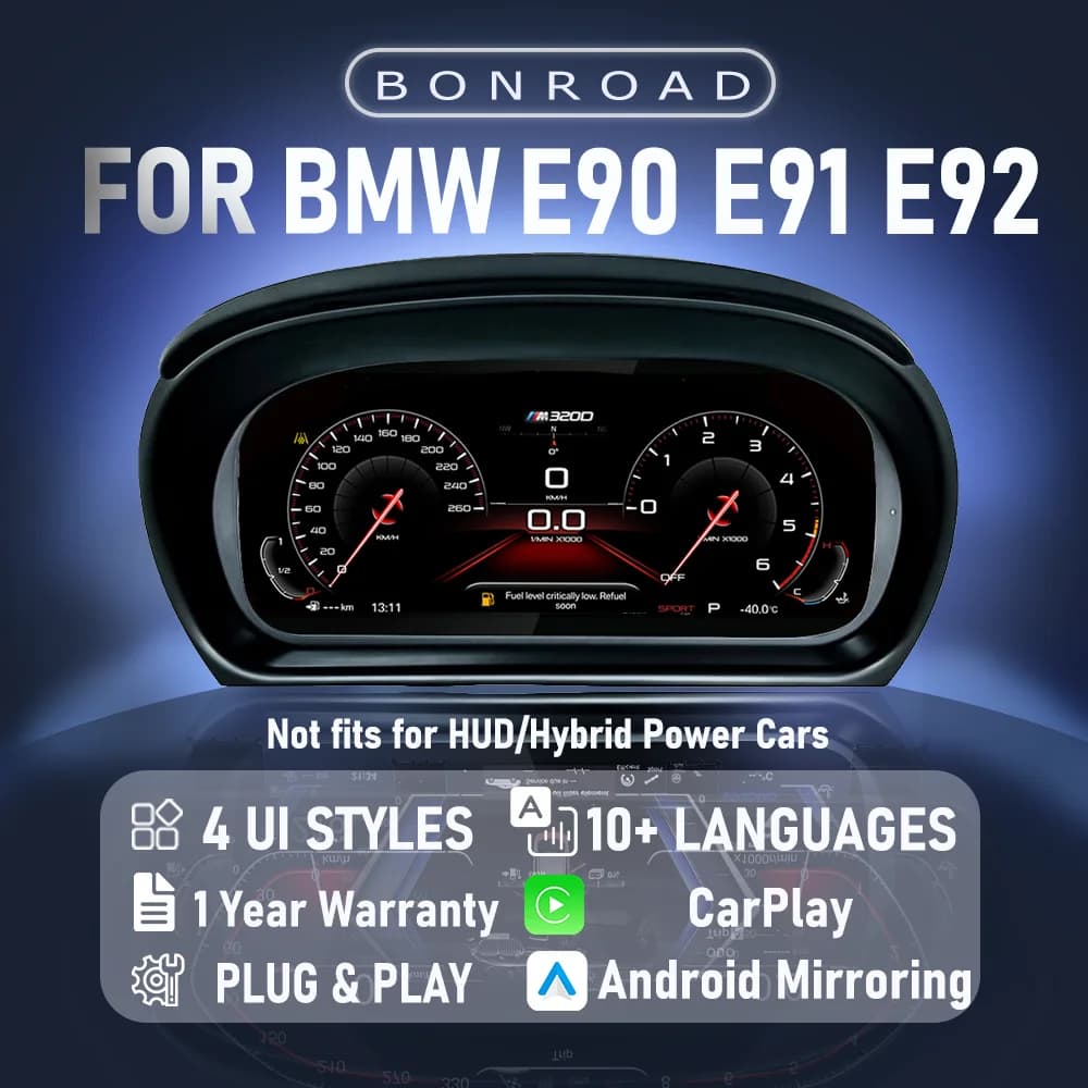 BONROAD 1920*720P Wireless CarPlay Android Auto Mirrorlink Airplay LCD Digital Dashboard Panel Cluster For BMW 3 Series E90 E91 E92 Car Auto Instrument Speedometer Virtuele Cockpit Voor
