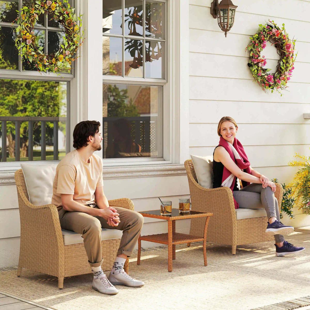 Outsunny Rattan Garden Chairs Set of 2, Outdoor Rattan Chairs with Cushions, Armrests and High Back, Porch, Beige