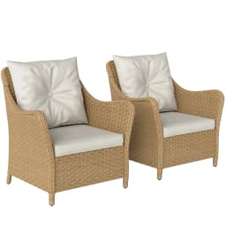 Outsunny Rattan Garden Chairs Set of 2, Outdoor Rattan Chairs with Cushions, Armrests and High Back, Porch, Beige