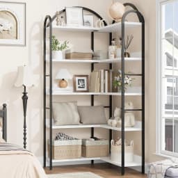 UK Arched Bookshelf Corner Bookcase, L Shaped Bookshelf Industrial Corner Bookshelf, Large Bookcase With Metal Frame, Corner She
