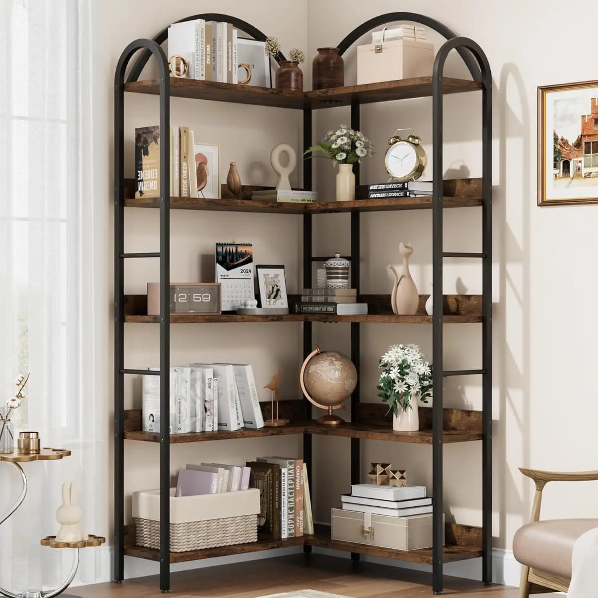 UK Arched Bookshelf Corner Bookcase, L Shaped Bookshelf Industrial Corner Bookshelf, Large Bookcase With Metal Frame, Corner She