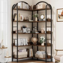 UK Arched Bookshelf Corner Bookcase, L Shaped Bookshelf Industrial Corner Bookshelf, Large Bookcase With Metal Frame, Corner She