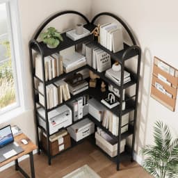 UK Arched Bookshelf Corner Bookcase, L Shaped Bookshelf Industrial Corner Bookshelf, Large Bookcase With Metal Frame, Corner She